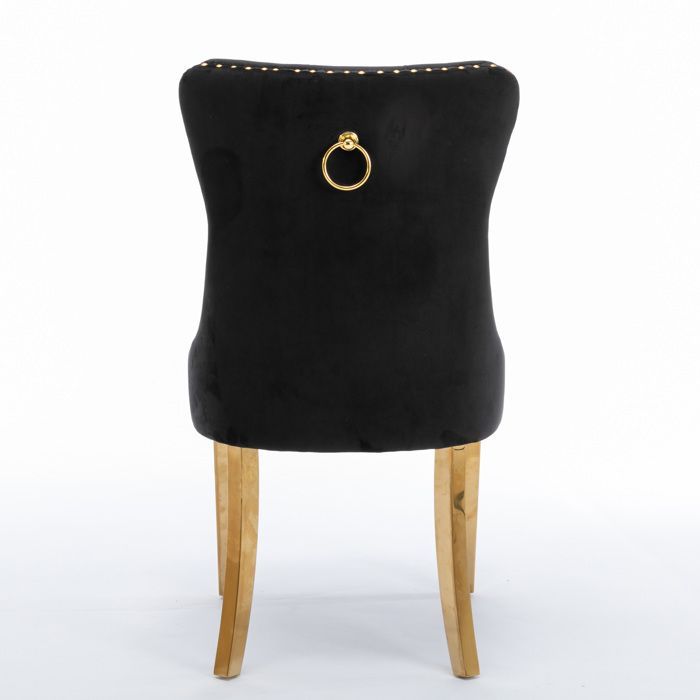 Set of 2 Upholstered Velvet Dining Chairs - Contemporary Style - Plated Stainless Steel Legs - Black and Gold