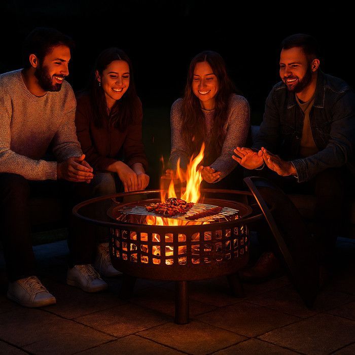 Relaxdays Braséro avec grille de barbecue et pare-étincelles et tisonnier, pour le jardin, Ø 75 cm, noir/argenté