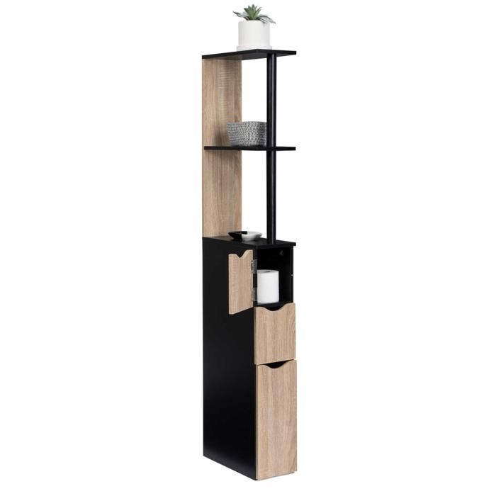 IDMARKET WILLY 3-Door Bathroom Cabinet with Shelf, Black and Beech Wood