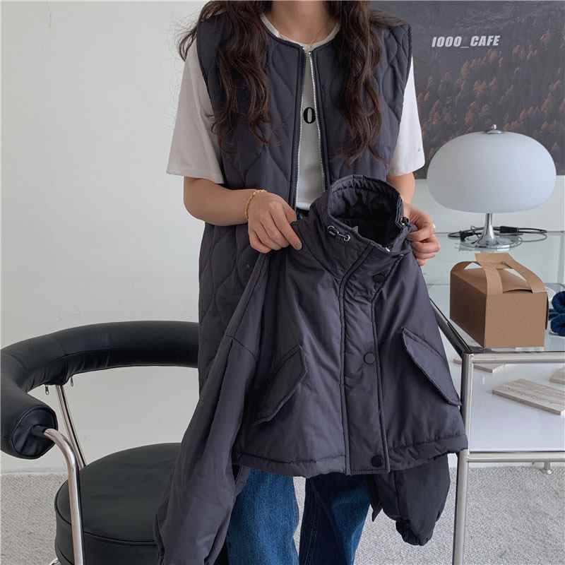 cappotto corto in cotone ampio con cerniera e colletto alto chic + gilet da donna con coulisse in vita a rombi