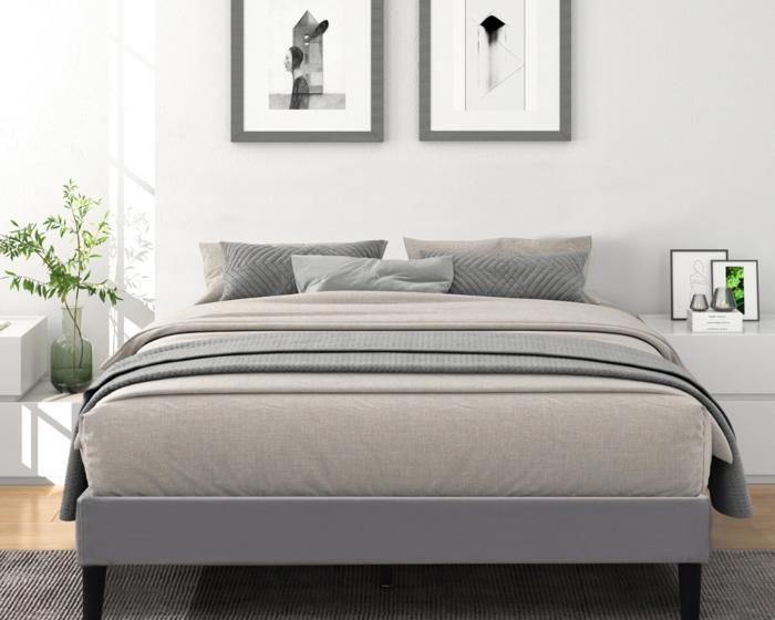 Gestoffeerde bedbodem van 120x190 cm met afneembare en wasbare hoes, grijs + poten van 20 cm, 2 lattenbodems van 13 cm - Anna - Hoes van polyesterstof
