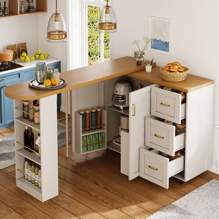 Credenza da cucina, isola cucina allungabile 135-228×39×104 cm, con 2 ante e 3 cassetti, piano con finitura in legno, su ruote, bianca