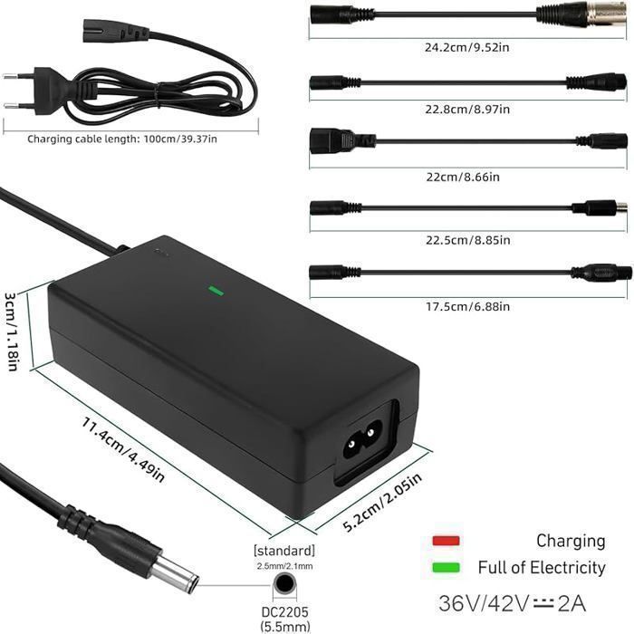 HAOPYOU   Chargeur Trotinette Electrique 42V36V 2A Chargeur Hoverboard Universel Chargeur de Batterie avec 6 Connecteurs