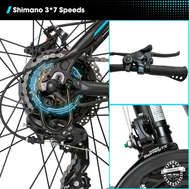 Hiland Rockshark Elektrofahrrad, elektrisches Mountainbike, Aluminium, 26/27,5 Zoll, 350 W, 32 km/h, E-Bike für Erwachsene, Shimano 21-Gang-Schaltung, Scheibenbremsen, Federgabel mit herausnehmbarem 36-V-10,4-Ah-Akku