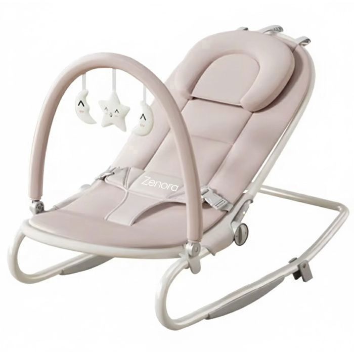 Roze, ombouwbare babywipper, vast of schommelend, met ontwikkelingsspeelgoed. Comfortabele en compacte zitting, perfect voor dagelijks spelen.