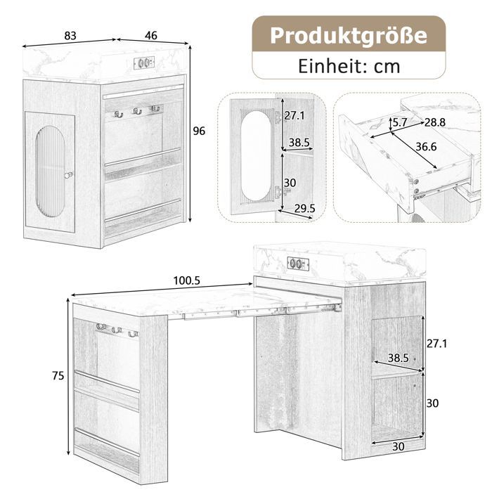 Uitschuifbaar keukeneiland met opbergruimte, modern minimalistisch dressoir, 83 × 46-146,5 × 96 cm, voorzien van een stopcontact, wit