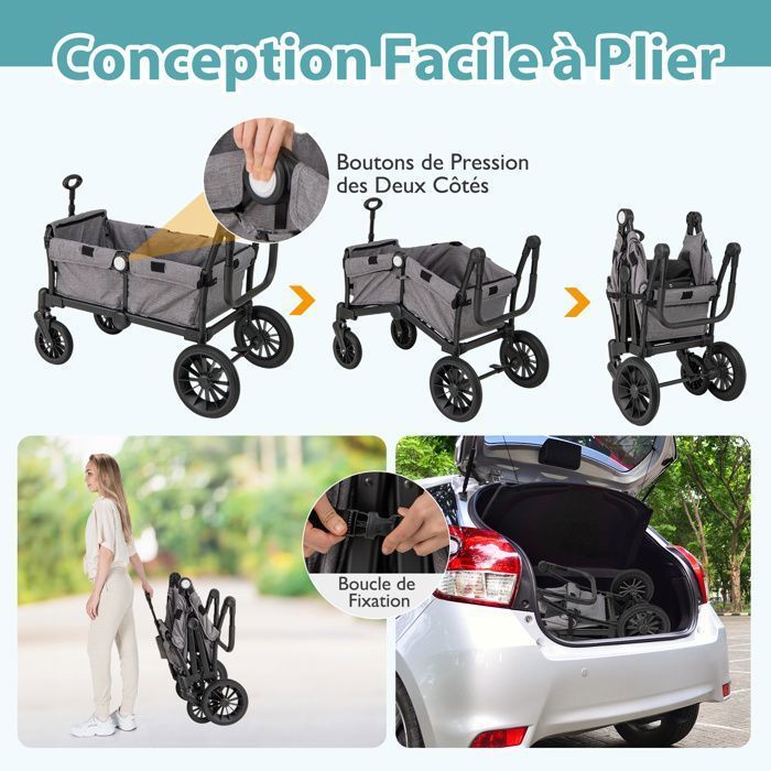 Poussette Double Jumelle Pliable COSTWAY-Poignée Réglable-2 Auvent Capote Amovible-Fenêtre avec Rabat-Plateau-repas 30kg Gris