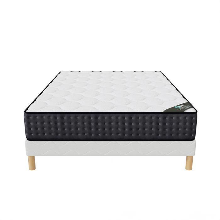 Base de cama + colchón COSMOS de 140x190 cm, altura 26 cm, espuma Techno Foam de alta densidad, confort equilibrado, 4 patas incluidas.