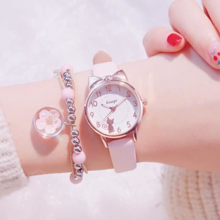 Conjunto de regalo de reloj y pulsera para niñas - Regalo infantil - Lindo gato, cuarzo resistente al agua, rosa