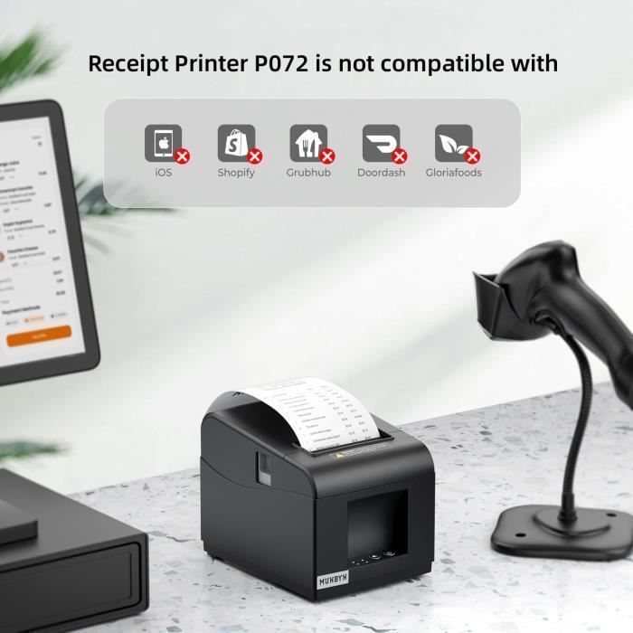 Impressora térmica de recibos MUNBYN de 80 mm — USB e Ethernet, compatível com ESC/POS, preta