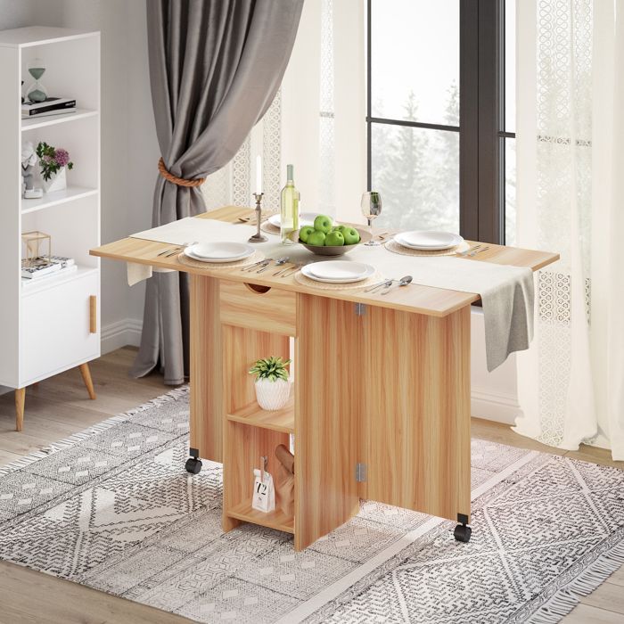 Mesa de jantar dobrável Mondeer, mesa dobrável com 1 gaveta e 2 prateleiras, mesa de cozinha para espaços pequenos, carvalho vermelho.