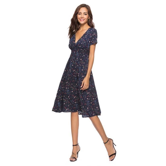 Robe à imprimé fleuri - MOBIGARLAN - pour Femme - Fermeture éclair - Jupe plissée - Bleu marine et Rose