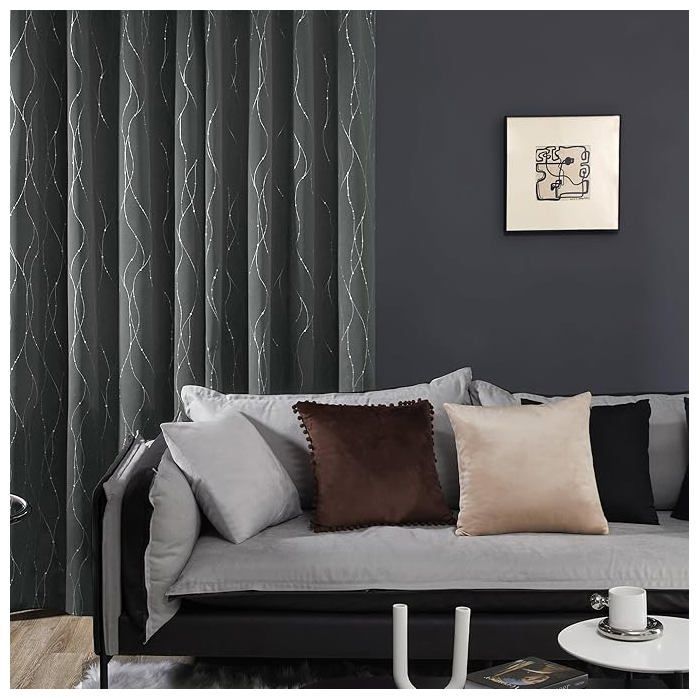 Set di 2 tende oscuranti termiche Deconovo, motivo a pois argento, occhielli, 140x180 cm, grigio scuro.