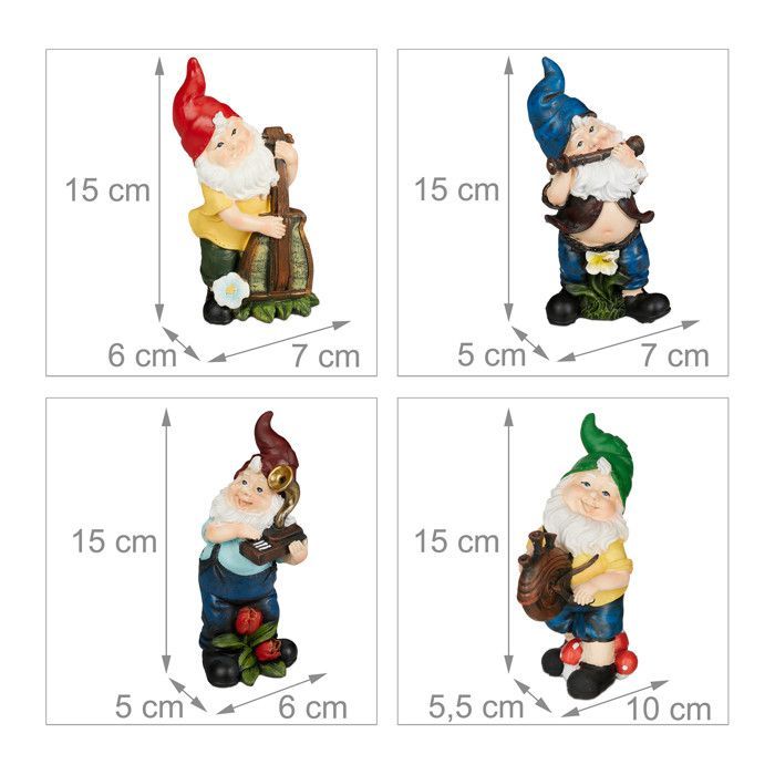 Juego de 4 gnomos de jardín musicales Relaxdays, resistentes a la intemperie y a las heladas, figuras de resina artificial, multicolor.
