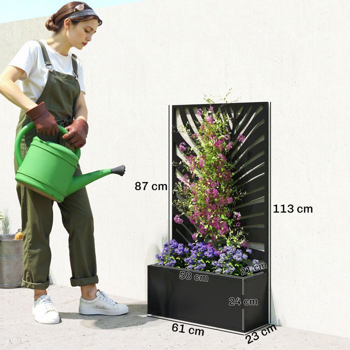 Macetero con enrejado - Outsunny - jardinera con pantalla metálica para mayor privacidad - para patio, jardín, balcón - 61 x 23 x 113 cm - negro