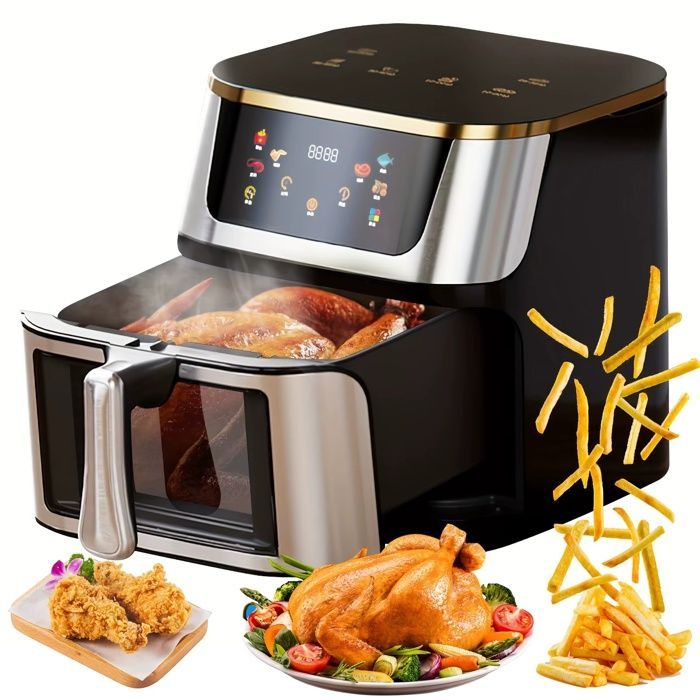 Freidora de aire sin aceite de 12 litros, 2800 W con ventana transparente, pantalla táctil LED para patatas fritas, carne y pescado, color negro.