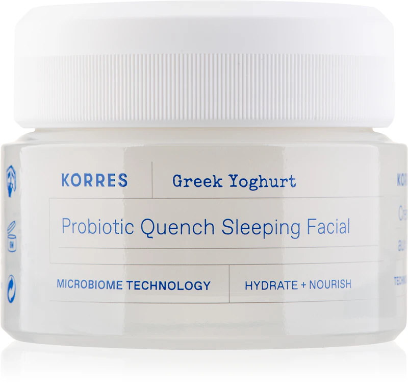Creme facial noturno nutritivo Korres com iogurte grego e probióticos.