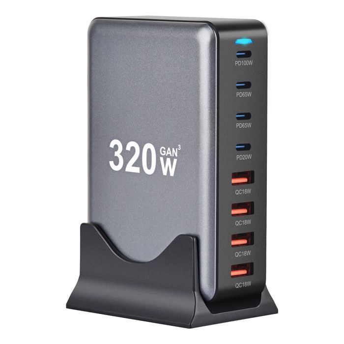 Cargador USB-C multipuerto de 320 W, estación de carga rápida con tecnología GaN III de 8 puertos y regleta de alimentación USB de 4 A + 4 C, color gris.