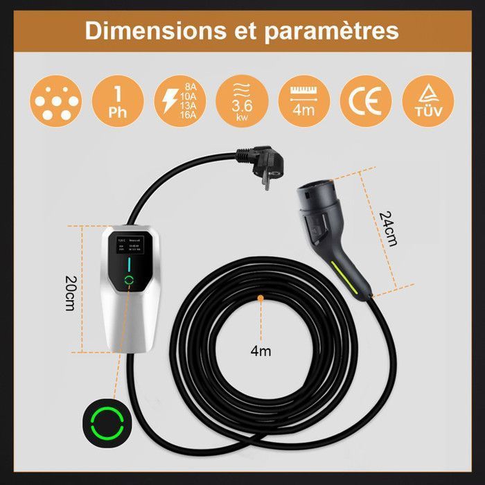 Caricabatterie portatile Junsun per veicoli elettrici con spina Schuko, cavo da 4 m, caricabatterie per veicoli elettrici di tipo 2 da 3,5 kW (6/8/10/13/16 A), colore argento.