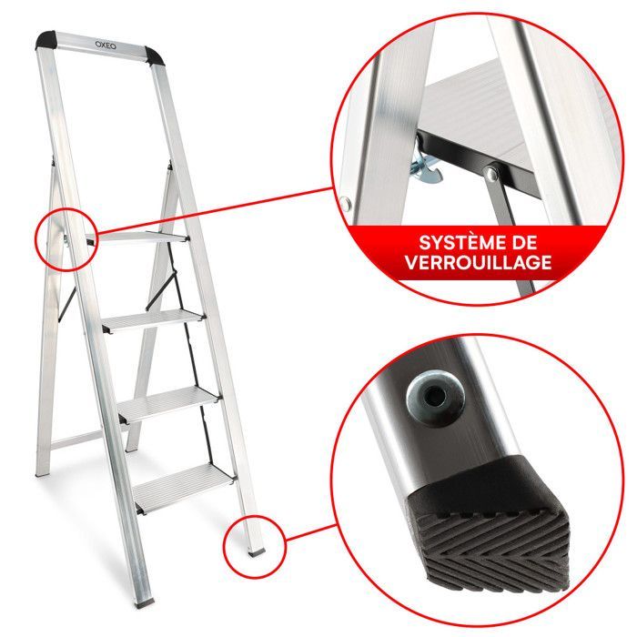 Oxeo – Ultradünne und ultraleichte Trittleiter, 100 % Aluminium – 4 Stufen – 5,5 cm dick