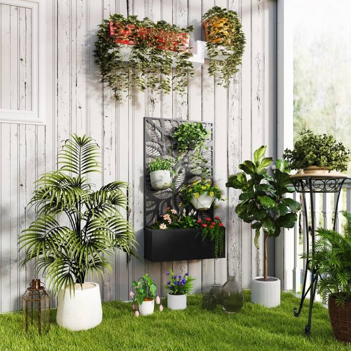 Planter - Outsunny - with trellis as a privacy panel - rectangular - metal - 61 x 23 x 113 cm - black