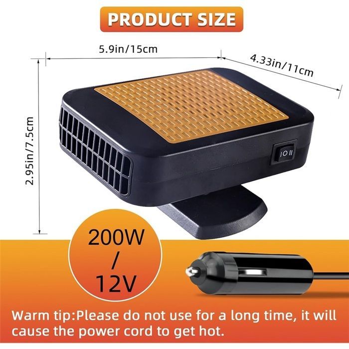 Calefactor portátil para coche, 12 V 200 W, 2 en 1: calefactor y enfriador, desempañador de parabrisas, rotación de 360 grados.