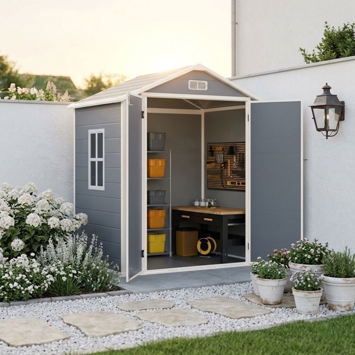Casetta da giardino - Bealife - 2 m² - Resina - 2 porte - Pavimento - Finestra - Tetto a doppia falda - Casetta grigia