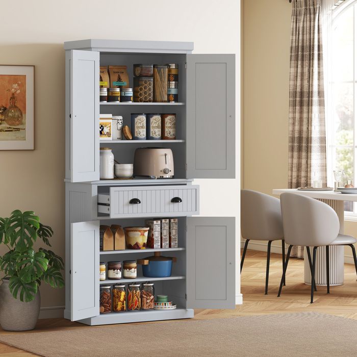 Kitchen cabinet - HOMCOM - multi-storage with adjustable shelves, 4 doors and a large drawer - 76.2 x 40.2 x 183 cm - grey