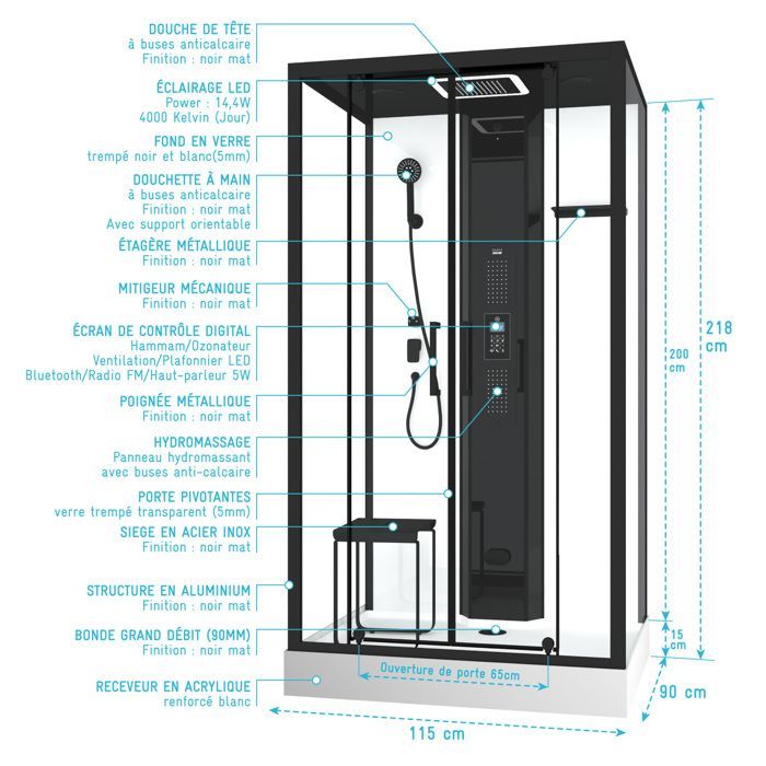 Cabina de ducha rectangular de 115x90x218 cm - Función de baño de vapor, chorros de hidromasaje, iluminación LED y Bluetooth.