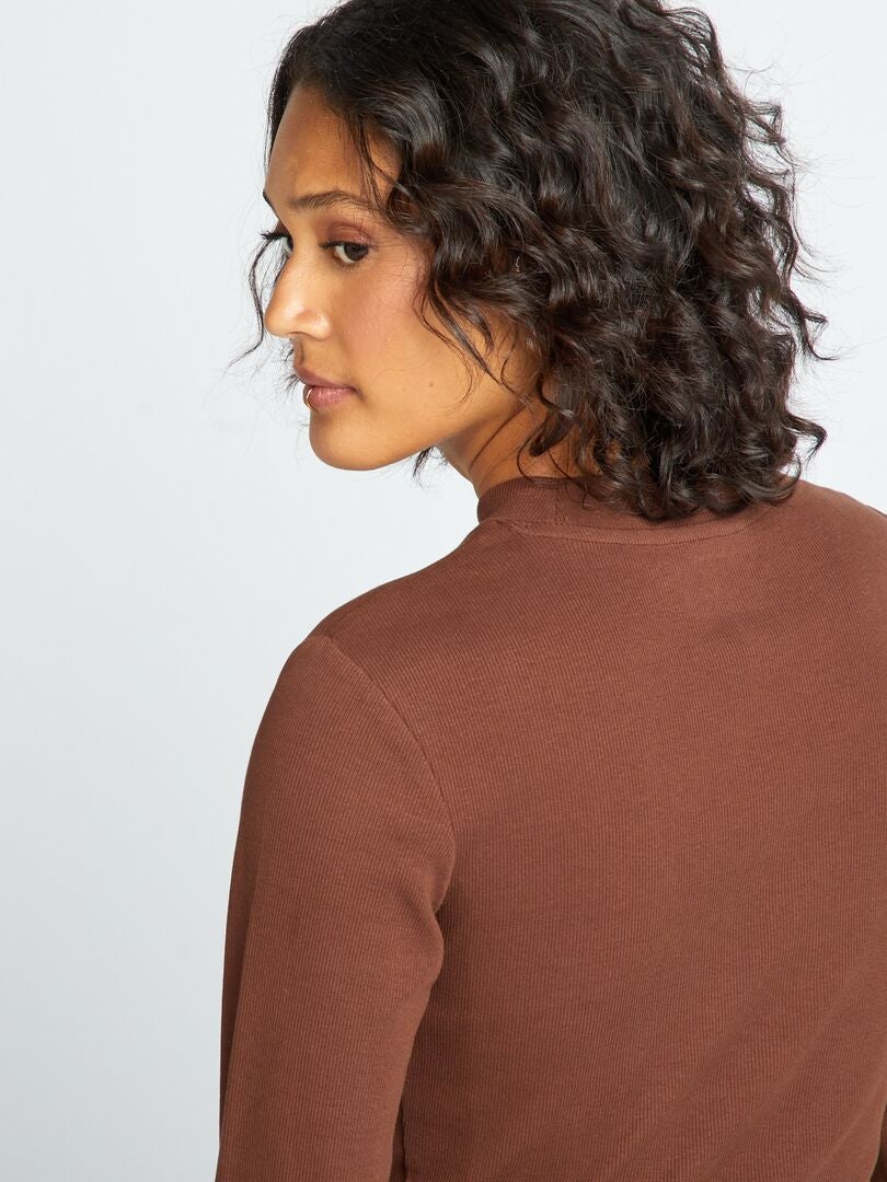 Geribbelde coltrui T-shirt - BRUIN