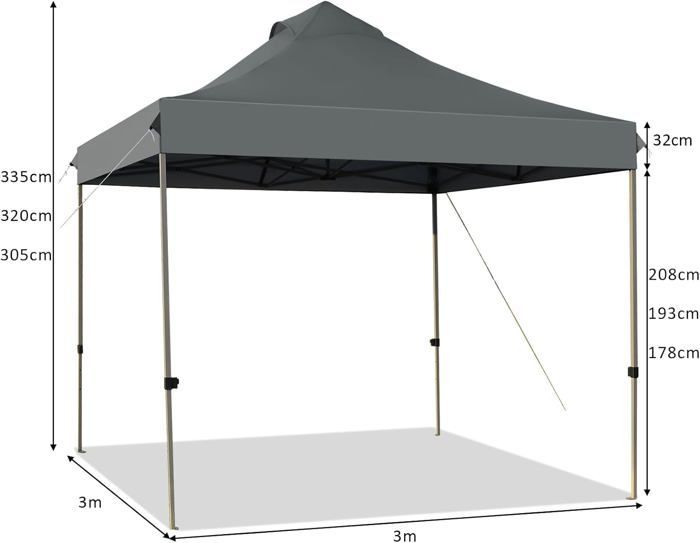 GOPLUS 3x3M opvouwbare partyparty partytent, pop-up tuinpartytent, verstelbare poten 305/320/335CM, met rolkoffer, grijs