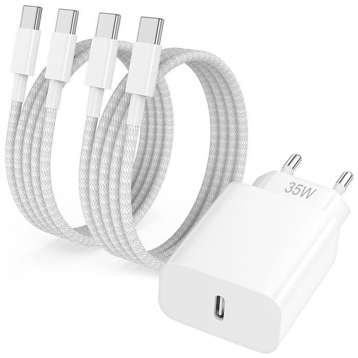 Cargador rápido de 35 W - EFConnection - 2 cables USB-C de 1 m - Compatible con iPhone 17/16/15 - Carga rápida