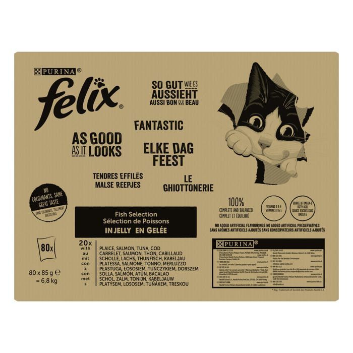 FELIX Tendres Effilés en Gelée -  Sélection Mixte Thon, Cabillaud, Saumon, Carrelet - 80x85g - Sachets fraîcheur pour chat adulte