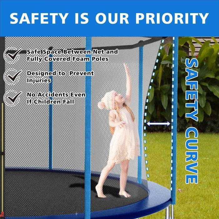 Trampoline 240x240cm Acier Galvanisé Filet Sécurité Inclus + Coussin Ressorts - Capacité 181kg Extérieur Enfant/Adulte Bleu
