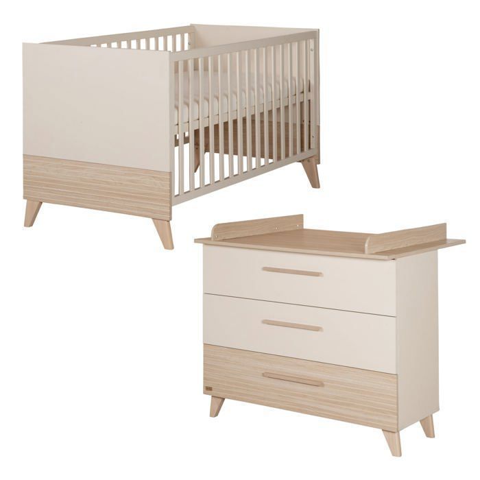 Babyzimmer-Duo: Umbaubares Babybett 70 x 140 cm + Wickelkommode - SIDNEY - ROBA - Eiche/Beige