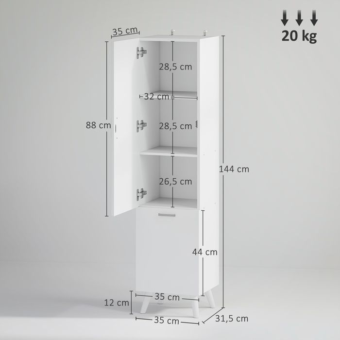 Mueble columna para baño - HOMCOM - armarios con puertas - 35 x 31,5 x 144 cm - blanco