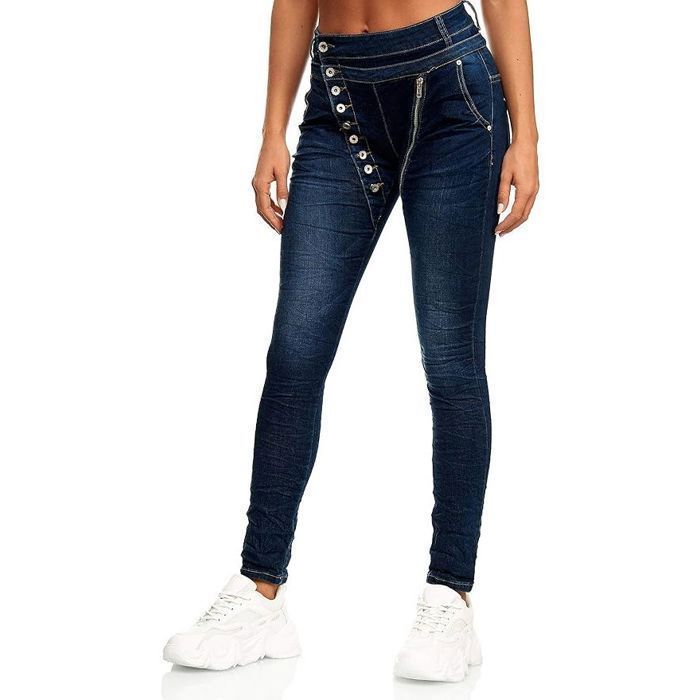 Jean Femme Slim Fit Boyfriend Coupe Ajustée avec Fermeture Boutons en Coton Élastique Bleu Foncé 48 4XL Pantalon Denim Tendance