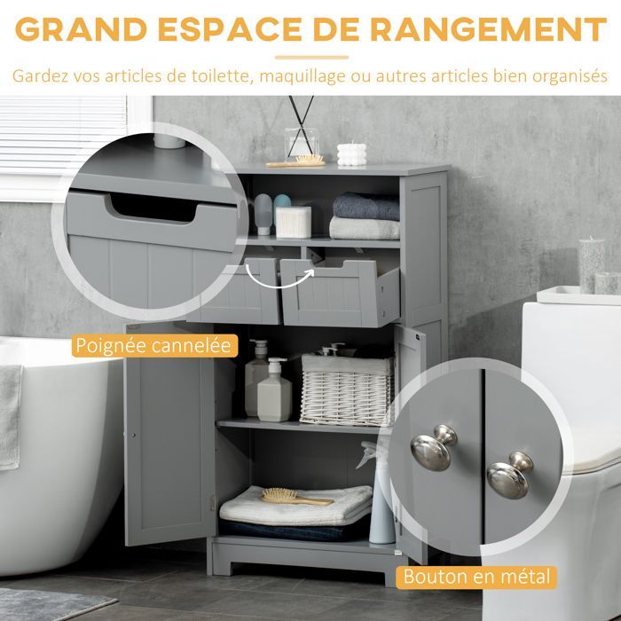 Meuble de salle de bain - kleankin - 2 tiroirs, niche, placard avec porte, étagère réglable - 60 x 30 x 109 cm - gris