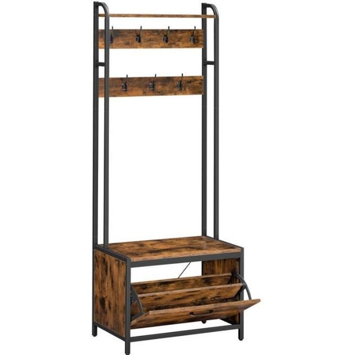 Mobile da ingresso con panca, 7 ganci e mensola - Stile industriale - Marrone rustico e nero