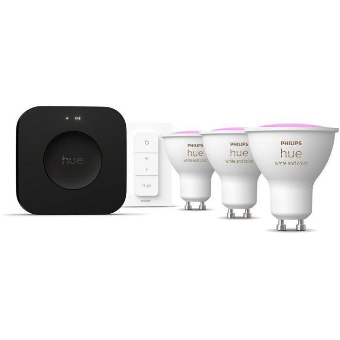 Starter Kit - PHILIPS HUE - White Light and Colored Ambiance - 1 Bridge Pro + 3 GU10 400 lumen spotlights + 1 dimmer switch