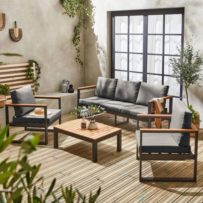 5-seater garden furniture set in aluminium and eucalyptus – NAZCA – Black frame. Dark grey cushions