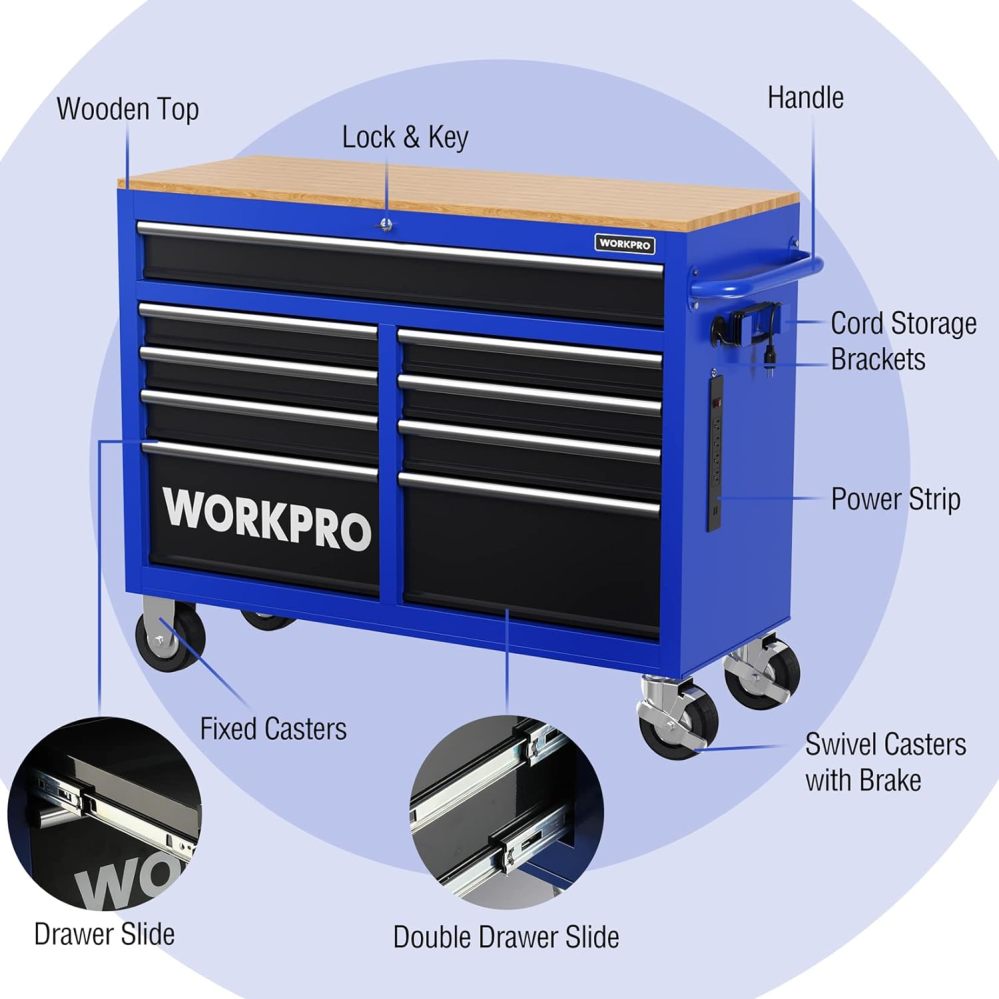 WORKPRO 117 cm brede gereedschapskist op wielen met 9 laden, verrijdbaar met houten blad, voorzien van wielen, handgreep, ladebekleding en vergrendelingssysteem, draagvermogen van 544 kg