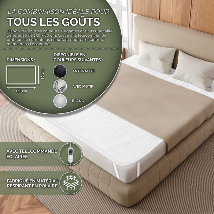 sinnlein Surmatelas Chauffant Électrique 150x80cm - 1 Place - avec Arrêt Automatique | Chauffe-matelas 3 Niveaux de Températures