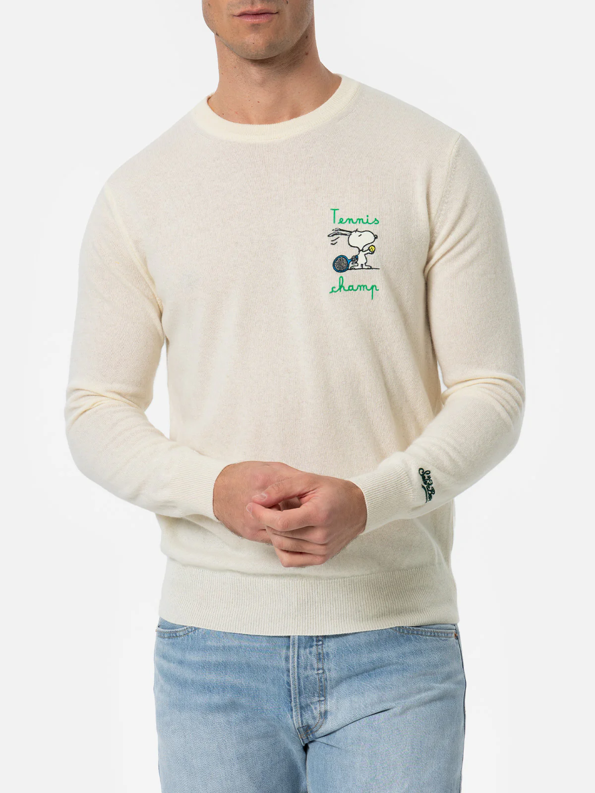 Heron Men's White Crew-Neck Sweater | Snoopy Tennis Champ Embroidery | SNOOPY PEANUTS SPECIAL EDITION | Logo on Cuff | Regular Fit | MC2 Saint Barth