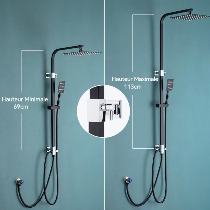 Columna de ducha de acero inoxidable negro con 2 funciones, conjunto de ducha con cabezal de ducha de 10 pulgadas, altura ajustable de 69 a 113 cm.