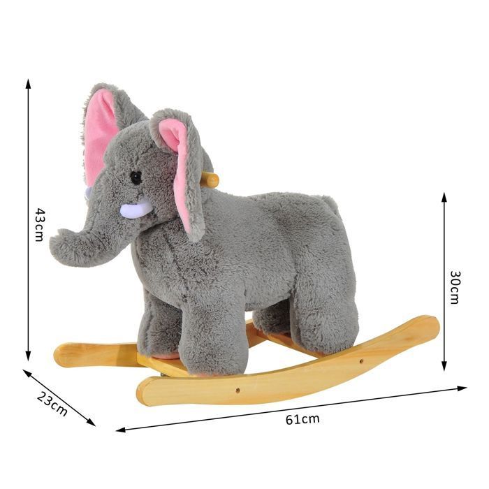 Éléphant à bascule pour enfants HOMCOM cheval à bascule jouet à bascule bébé 18-36 mois - musique et poignées charge 60 kg Gris