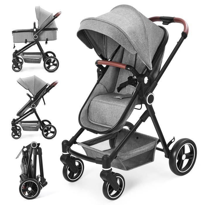 LUNSY - Cochecito 2 en 1 - Hasta 22 kg - Incluye cochecito y capazo - Ruedas grandes - Amplia visión horizontal - Plegado con un solo clic - Gris