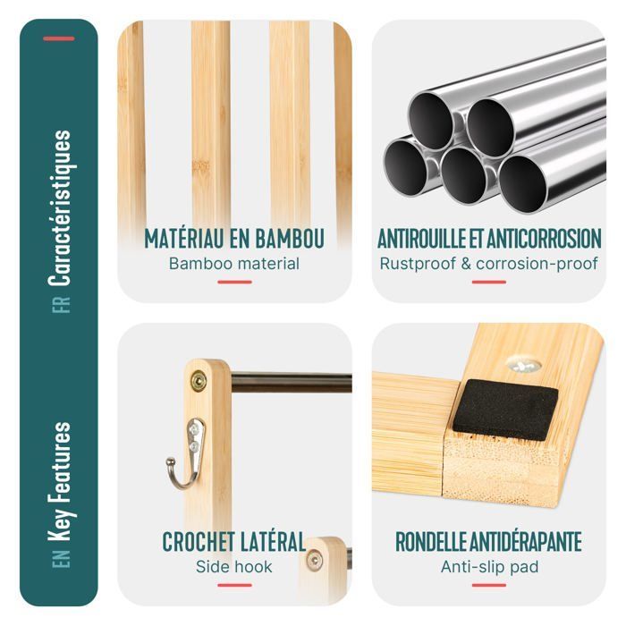 Toallero independiente VOUNOT® - Soporte de 3 niveles con ganchos - Bambú