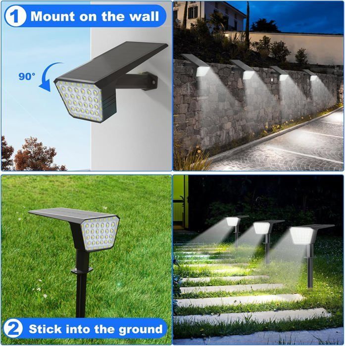 Focos solares para exteriores, 4 unidades, 44 luces LED solares para exteriores con 3 modos de iluminación, lámpara solar para exteriores con clasificación de impermeabilidad IP65.