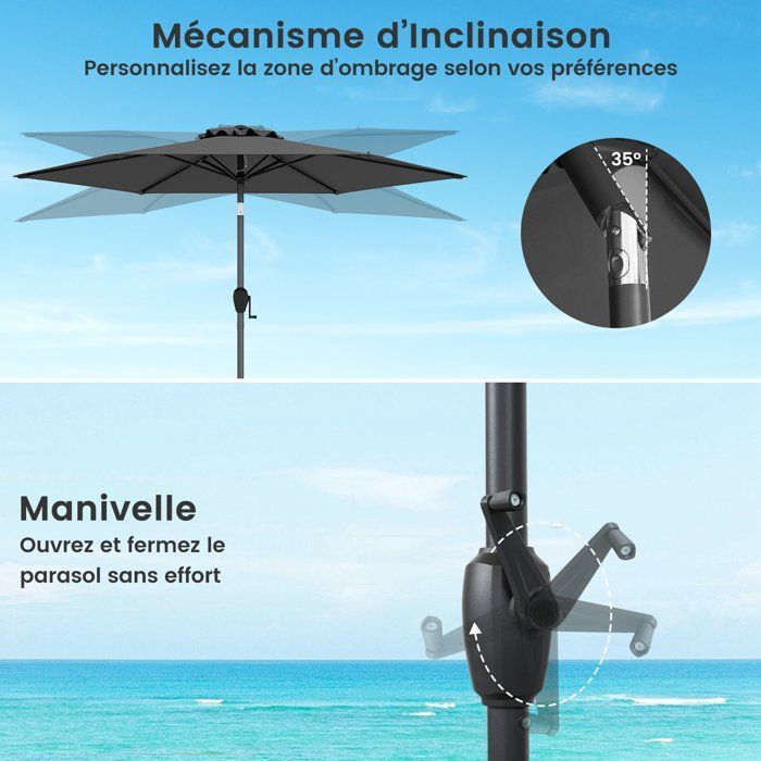 Sombrilla de jardín de 230 cm - COSTWAY - Ángulo ajustable de 35° - Inclinación mediante botón - Manivela - Toldo ventilado para patio - Gris